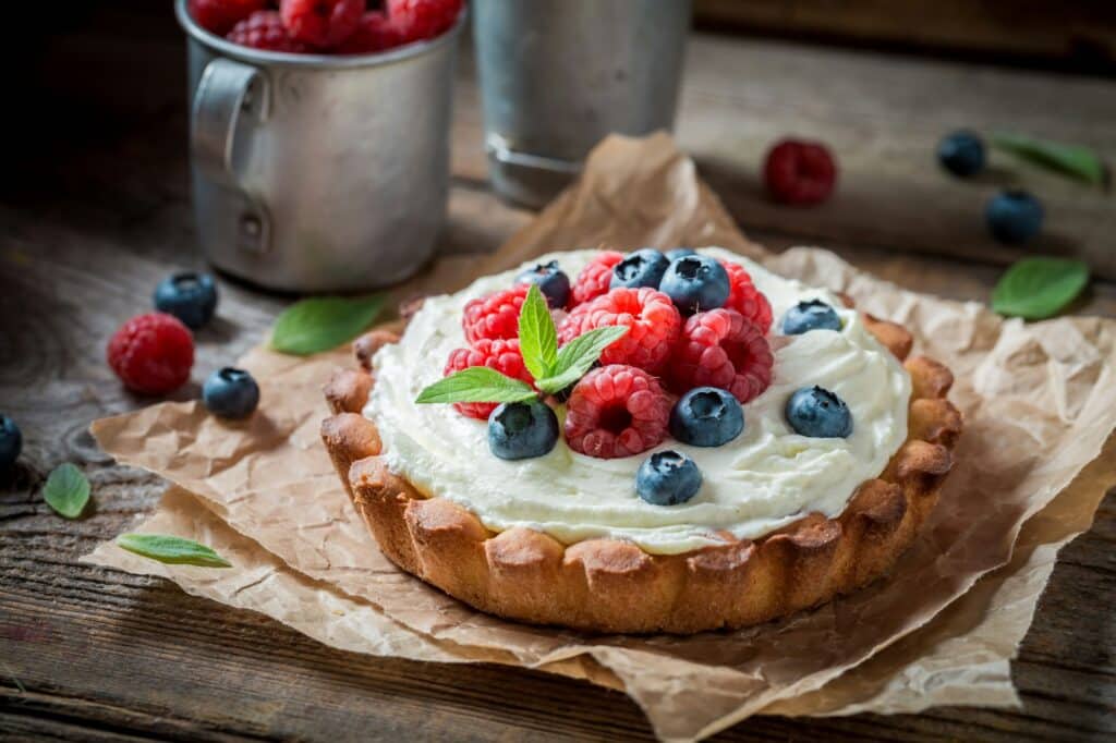 Delicious tart with berries and mascarpone. Homemade berries tart.